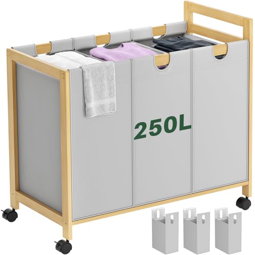 Homykic 250L Laundry Sorter Cart with Wheels, 3-Section Rolling Laundry Basket with Removable Bags, 66 Gal Large Laundry Hamper Organizer, Heavy Duty Bamboo Frame, Water-Resistant, Grey - color: Grey