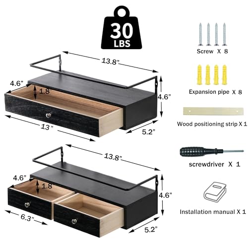 DreamPossible Floating Shelves - Wall Mounted Bathroom Shelf Set of 2 with Drawers, Rustic Wood Shelves for Bedroom, Living Room, Kitchen, Home Decor, Plants, Books (Black) - color: Black, size: 13.8 Inch Long