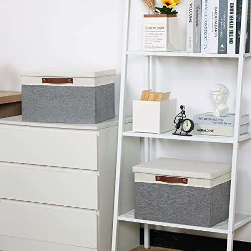 Temary Collapsible Storage Bins Storage Boxes with lid, 2 Pack Storage Baskets with Lid Organizing Clothes, Decorative Organizer Bins with Handles (White&Gray, 15x11x9.5inch) - color: White&Grey, size: 15×11×9.5