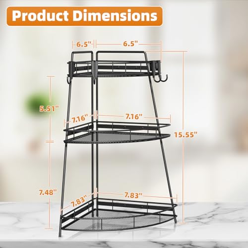 VITVITI 3 Tier Corner Bathroom Counter Organizer, Metal Bathroom Countertop Organizer Shelf Storage, Bath Room Sink Makeup Organizers for Vanity Skincare with Hooks, Black - color: Black