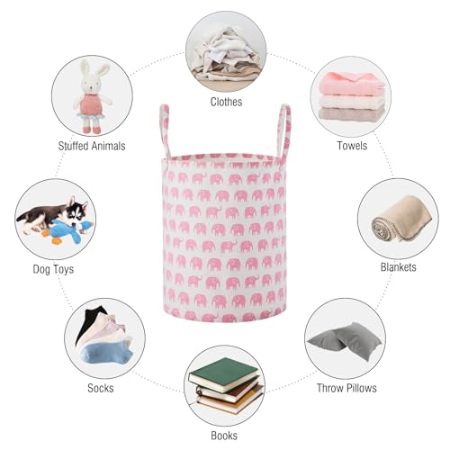 TECHMILLY Large Storage Basket for Girls and Boys, Collapsible Laundry Hamper with Long Handles, Toy Bins for Nursery, Kids Room Décor (Pink Elephant, 2 Pack) - color: Pink Elephant, size: 2 Pack
