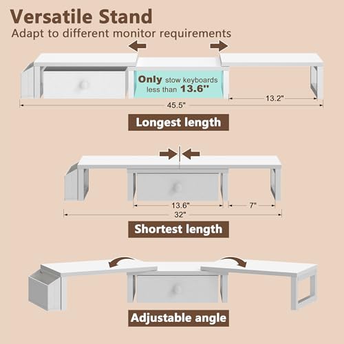 LAND·VOI Heavy Duty Dual Monitor Stand, Holds 2 Screens Up to 27 Inches, Adjustable Length and Angle Monitor Riser, Desk Organizer with Side Pockets and Drawers, Home Office Desk Storage, White - color: White, size: Separate-Type