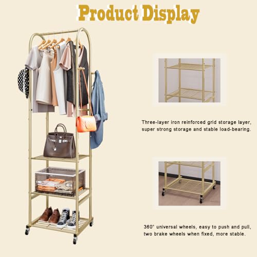 SUOERNUO Clothes Rack With Wheels and 3-Tier Metal Shelves,Clothing Rack For Hanging Clothes With 4 Hooks,Garment Rack Wardrobe Organizer for Small Space,Black (gold, 16.54 * 18.23 * 72.05) - color: gold