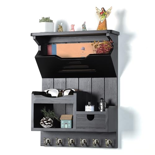 DOPACE Key Holder for Wall, Mail and Key Holder, Mail Organizer Wall Mount with Storage Drawer and 6 Hooks, Easy Installation Key Rack for Entryway and Home Decor, Black