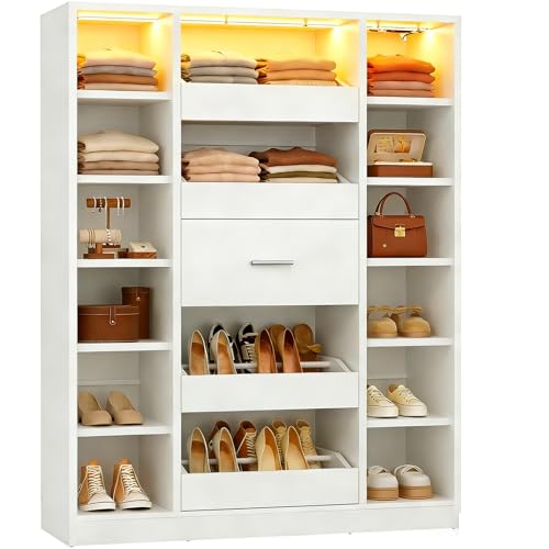 Besiost 40" Closet System with LED Lights, Wooden Closet Organizer System with Drawers & Shelves, Versatile Closet Storage Tower for Walk-in Closets, Shoe Rack and Handbag Storage Cabinet, White - color: White