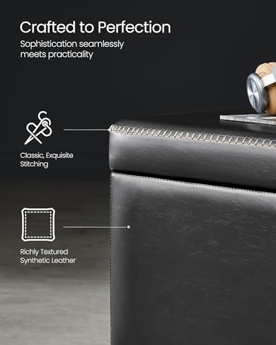 VASAGLE EKHO Collection - Storage Ottoman Bench, Entryway Bedroom Bench, 25 Gallons, Synthetic Leather with Stitching, Mid-Century Modern, Safety Hinges, Loads 660 lb, Ink Black ULOM075B01 - color: Ink Black, style: 25-Gallon Storage Bench