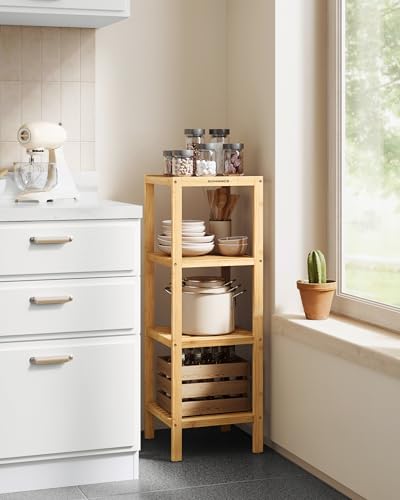 SONGMICS 4-Tier Bamboo Shelf, Narrow Bathroom Shelf, Standing Towel Rack, Corner Rack, for Kitchen, Living Room, Bedroom, Entryway, Bathroom, Natural UBCB54Y - color: Light Bamboo, size: 4 Tiers (13"D x 13"W x 38.6"H)