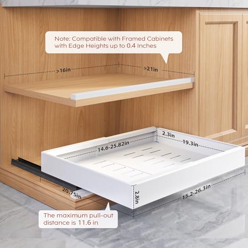 Seinloes 2 Pack Pull Out Cabinet Organizers 21" Deep With Raising Pad for Framed Cabinets, Expandable Width (15.2"-26.3") Slide Out Drawers Upgrade 3 Slide Rails, Roll Out Shelves Adhesive, White - color: White, size: 15.2"-26.3"Wide x 21"Deep(2 Pack)