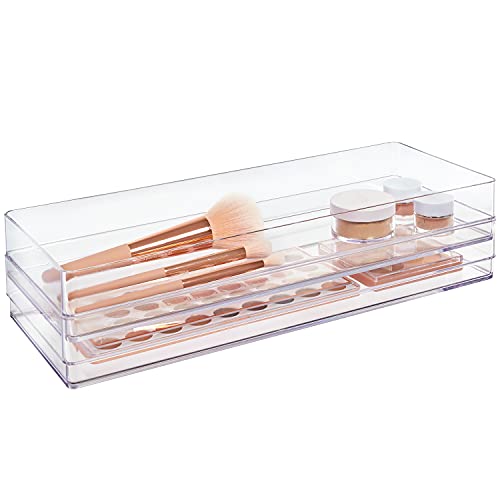 STORi SimpleSort 2-Piece Stackable Clear Drawer Organizer Set | 15" x 6" x 2" Rectangle Trays | Wide Makeup Vanity Storage Bins and Office Desk Drawer Dividers | Made in USA - size: 15x6x2"