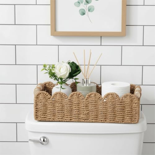 CubesLand Paper Rope Scalloped Edge Toilet Paper Storage Basket, Small Living Room, Bedroom Decor Baskets for Over Toilet Storage Shelf, End Table, Shelves and More, with 2 Wooden Handle, Neutral - color: Neutral, size: M - 14"L x 6.3"W x 3.9"H