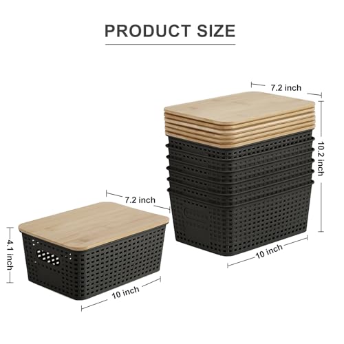 Bagnizer Small Plastic Storage Bins with Bamboo Lids 5.2qt Stackable Box Basket Pantry Decorative Containers Cute with Lable for Organizing Desktop Closet Office Black of 6 packs 10 * 7.2 * 4.1" - color: Black, size: Small- 6 Pack