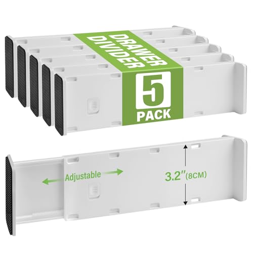 5 Pack Drawer Dividers 3.2" High Slim Organizers Expandable 10.8-17.9" Adjustable Separators for Shallow Drawers Kitchen Utensils Baby Clothes Underwear Storage-White - size: Short