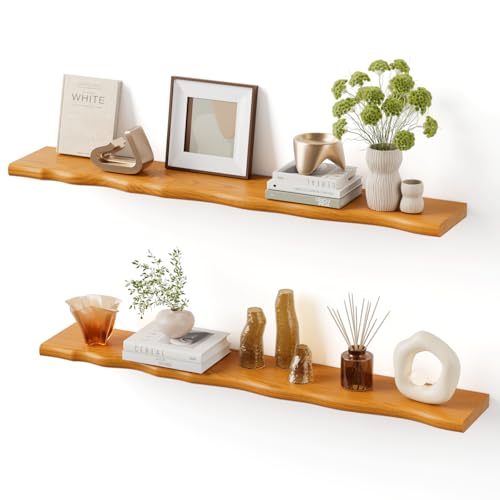 Floating Shelves for Wall Rustic Farmhouse 48 Inch Floating Shelf Bathroom Wooden Shelves for Wall Mounted Live Edge Pine Shelf with Unique Natural Grain for Living Room Bedroom Kitchen (Honey Walnut) - color: Honey Walnut, size: 48 inch - 2pcs