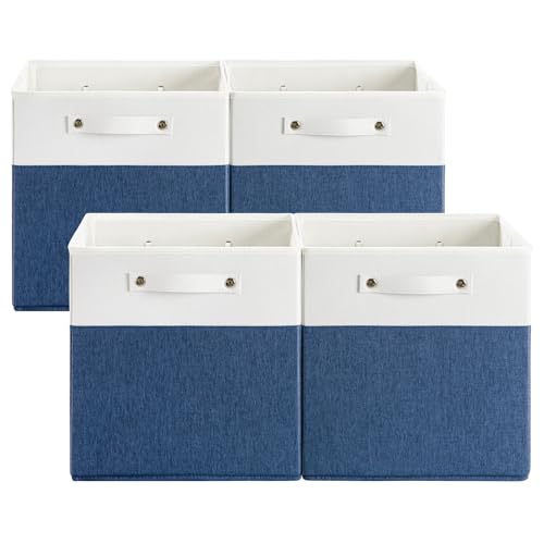 FinishingBo 13 x 13 Inch Fine Linen Storage Bins with Handles，Fabric Cube Boxs，Basket Organizers for Shelves for Home, Closet Drawers (White/Blue-4 Pack) - color: White/Blue-4 Pack