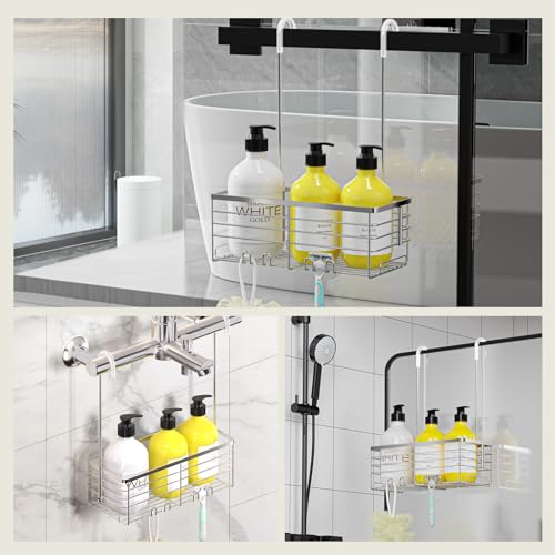 DELLAN Hanging Shower Organizer, Shower Rack with Hooks Over the Door, Bathroom Shower Caddy and Basket - color: Silver, size: 11"D x 4.7"W x 3.9"H