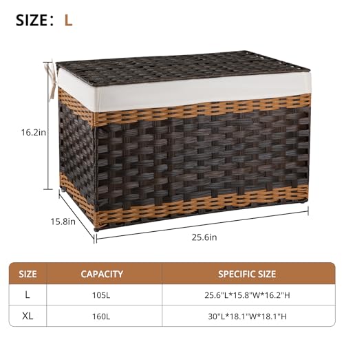 OIAHOMY Storage Basket with Lid, 27.7 Gallon (105L) Blanket Basket with Removable Liner Bag, Synthetic Wicker Hamper with Handle, Foldable, Hamper for Living Room, Brown - color: Gradient Brown, size: 105L