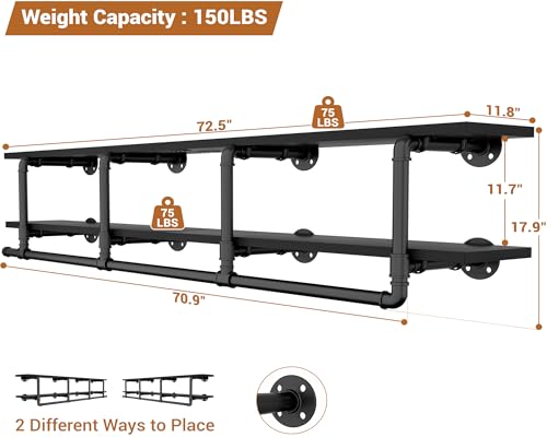 Aheaplus Industrial Pipe Clothes Rack with Top Shelf, 73In Space-Saving Wall Mounted Clothing Rack, 2 Tiers Heavy Duty Pipe Clothing Shelves with Hanging Rod for Laundry Room, Closet Storage, Black - color: Black, size: 73IN