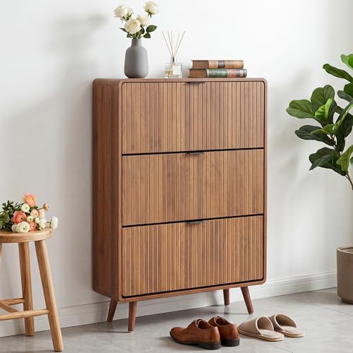 FurSch Fluted Shoe Storage Cabinet with 3 Flip Drawers, Narrow Shoe Rack Cabinet Organizer with Adjustable & Removable Shelves for Entryway (All Walnut, 3 Drawers) - color: All Walnut, size: 3 Drawers
