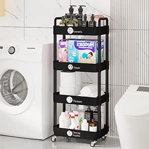 Laiensia 4-Tier Rolling Cart with Wheels,Multifunction Utility Storage Carts, Kitchen Storage Organizer,Mobile Shelving Unit for Bathroom,Laundry,with Classified Stickers,Black - color: Black, size: 4-Tier
