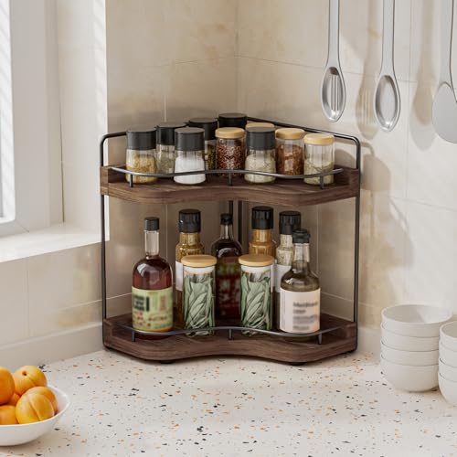 2-Tier Corner Bathroom Counter Organizer with Embedded Screw Holes, Secure & Stable Wood Vanity Shelf for Makeup and Skincare Essentials - Space Saving Bathroom Countertop Storage, Dark Brown - color: Dark Brown