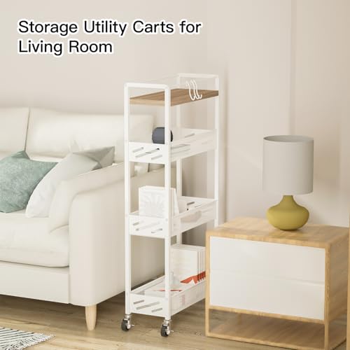 DGSNADGO Slim Rolling Storage Cart, 4-Tier Kitchen Cart on Wheels, Narrow Utility Cart with Handle and Wooden Tabletop for Small Space in Kitchen, Living Room, Bathroom, Laundry Room, Beige and White - color: Beige+white