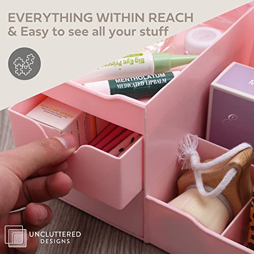 Uncluttered Designs Makeup Organizer With Drawers - Cute Kawaii Countertop Storage for Cosmetics, Pretty Vanity Holder for Perfume, Skincare, Brush, Lipstick, Nail Polish and other Accessories (Pink) - color: Pink