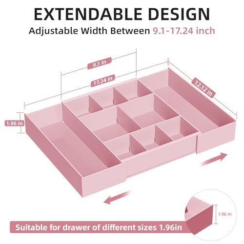 Marbrasse Expandable Desk Drawer Organizer, Clear Plastic Drawer Organizer Tray with 10 Adjustable Compartments, Desk Organizers and Accessories, 5 Drawer Dividers for Office Supplies, Makeup (Pink) - color: Pink