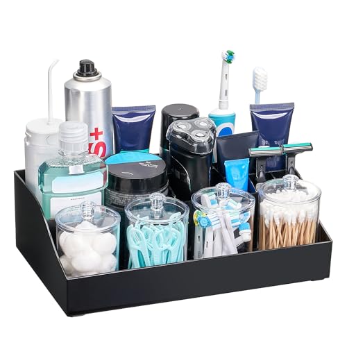 Vtopmart 5 PCS Bathroom Countertop Organizer, 1 Divided Tray with 4 Qtip Holder Jars, Restroom Clear Organizers for Toothbrush, Cotton Pads Balls, Floss, Bathroom Vanity Accessories Storage Set, Black - color: Black