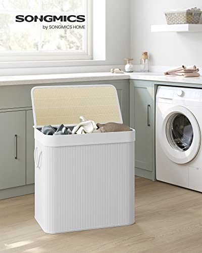 SONGMICS Laundry Hamper, 39.6 Gallons (150L), 3-Section Laundry Basket, Laundry Hamper with Lid, Bamboo, Foldable, Removable and Machine Washable Liner, for Laundry Room, Bedroom, White ULCB091W01