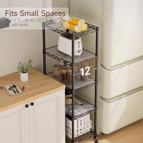 Golpart Small 5 Tier Shelves Storage Wire Shelving Unit Metal Shelf Adjustable Organizers Storage Shelving with Wheels for Bathroom Laundry Room Kitchen Pantry12”D x 18”W x 57.2”H Black - color: Black, size: 5 shelves (12 "D X 18 "W X 57.2 "H)