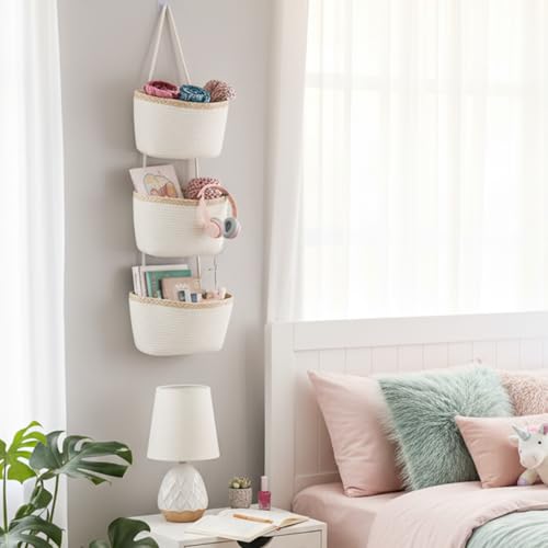 TeoKJ Over the Door Hanging Basket, 3-Tier Woven Cotton Wall-Mounted Storage Organizer Bag Decorative Hanging Nursery Baskets, White & Light Brown - color: White & Light Brown