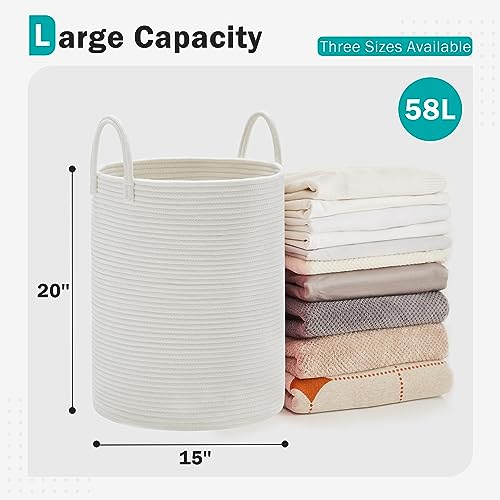Cotton Rope Laundry Hamper by YOUDENOVA, 58L - Woven Collapsible Laundry Basket - Clothes Storage Basket for Blankets, Laundry Room Organizing, Bedroom Storage, Clothes Hamper – White - color: White, size: 58L