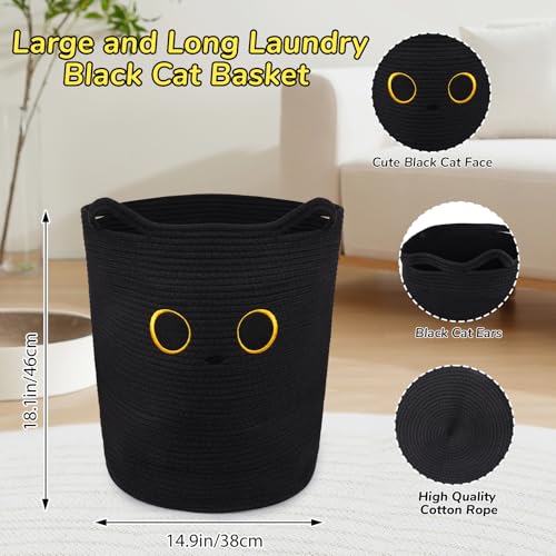 Tall Black Cat Laundry Basket for Nursery, Cute Large Woven Cotton Rope Blanket Storage Basket, Baby 0rganize Blanket Shower Hamper Box with Handles, 53L Clothes Bins, 15"D×18.1"H - color: Black, size: 15 × 18 inches