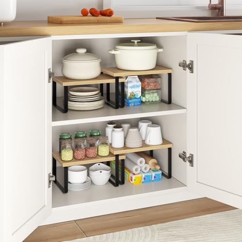HOOBRO Cabinet Organizer Shelf, Set of 2, Kitchen Countertop Organizer, Kitchen Countertop Shelf, Spice Rack for Counter, Stackable, Expandable for Cabinet, Kitchen, Natural and Black BN33TL01 - color: Natural+ Black