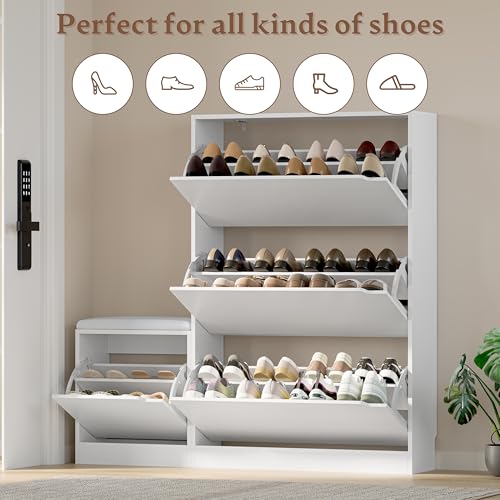BORNOON Shoe Cabinet with Bench and 3 Flip Drawers, Slim Narrow Shoe Storage Cabinet, Freestanding Shoe Rack Organizer with Adjustable & Removable Shelves, Anti-Tip for Entryway, Hallway, Foyer - color: White, size: 3-Drawer - Bench