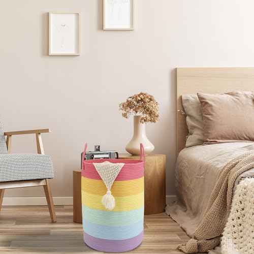 Woven Cotton Rope Laundry basket-16”X22” Laundry Hamper-Rope Storage Basket for Dirty Clothes, Toys and Blankets Perfect for Bathroom, Baby nursery and Living Room Storage (rainbow, Large) - color: rainbow, size: Large