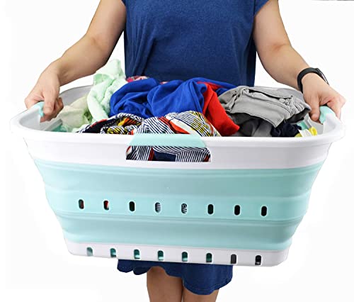 SAMMART 42L (11 gallon) Collapsible Plastic Laundry Basket - Foldable Pop Up Storage Container/Organizer - Space Saving Hamper/Basket (1, White/Lake Green) - color: White/Lake Green