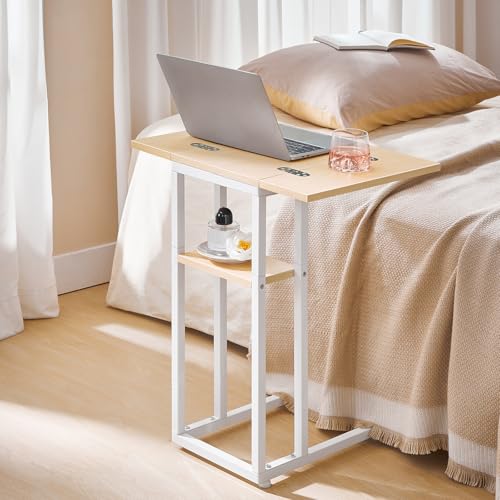 HOOBRO Foldable End Table, C Shaped Side Table with Storage Shelf, Small Snack Table Suitable for Living Room Bedroom Small Spaces, Easy Assembly, White and Natural WN29SF01 - color: White + Natural