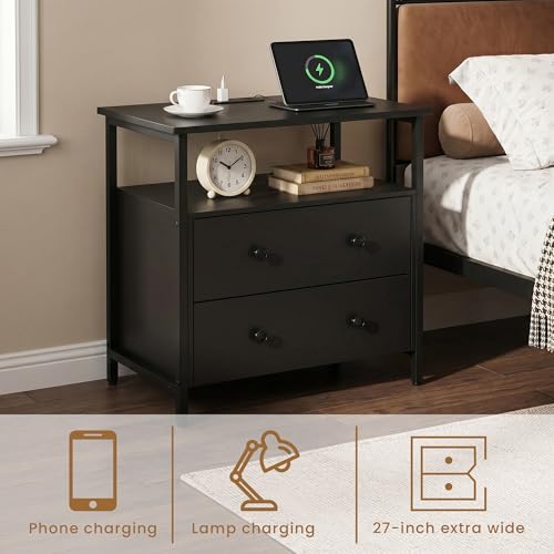 Edbuosy 27 inch Wide Night Stand Set 2 with Charging Station, Bedside Table with Open Shelf, 2 Drawers Small Wood Dresser, Modern Wood Nightstand for Bedroom/Living Room (Black) - color: 2 Pack, Black, size: 2 Drawers