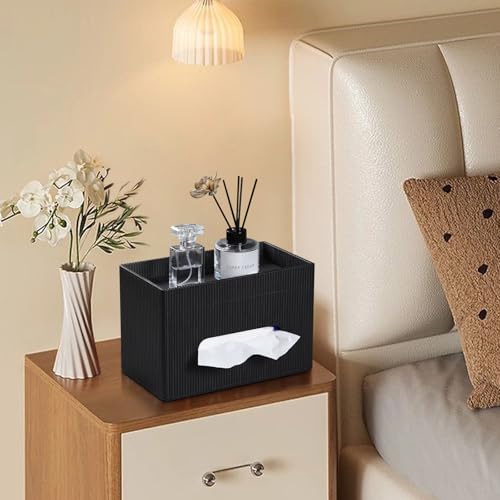 Tissue Box Cover Rectangle with Storage Tray, PU Leather Tissue Holder for Bathroom Vanity Countertop Night Stands Bedroom Office Desk, Stylish Rectangular Tissue Box Holder (Black) - color: Black