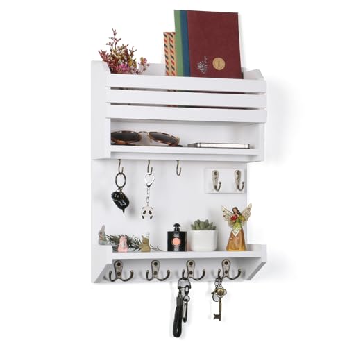 Key Holder, Wall Mounted Mail Organizer, Keys Holder on Wall with 9 Key Hooks, White - color: White