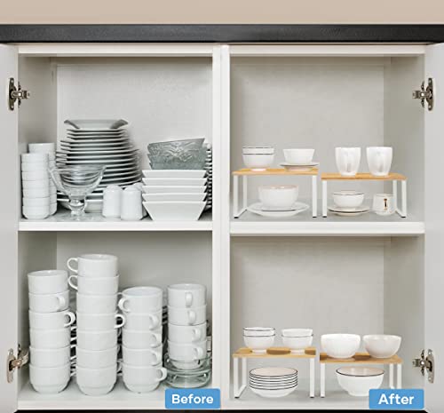 NEX Cabinet Organizer Shelf, Set of 2 Stackable Kitchen Counter Shelves, Expandable Spice Rack Pantry Organizers Cupboard Storage, Bathroom Desk Risers, Bamboo and Metal - color: Cloud White + Natural Beige, size: 11.7''W