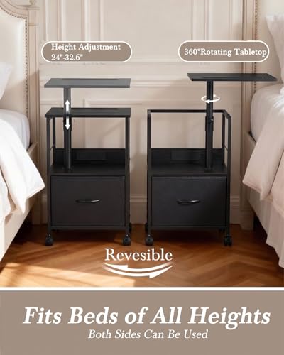 Faesun Swivel Lift Top Nightstand with Charging Station, Rolling Side Table for Recliner, Bedside Table with Wheels & a Fabric Drawer, for Small Spaces, for Bedroom, Living Room, Black - color: Black, size: 1 Drawer