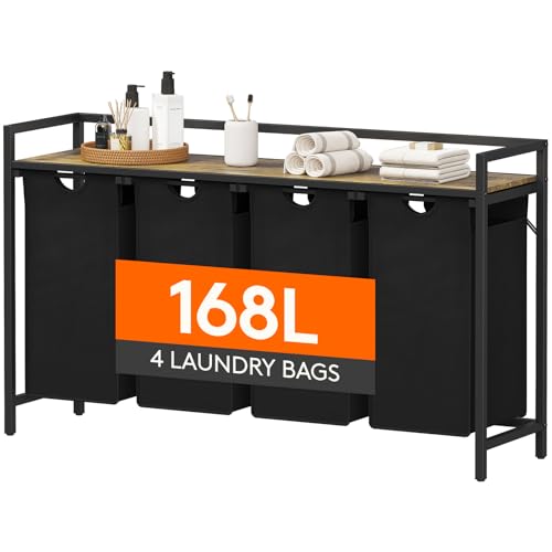 Lifewit Laundry Hamper 4 Section, 168L Pull out Laundry Clothes Basket Organizer with Large Top Shelf and 4 Removable Bags and Handles for Laundry Room Bedroom Bathroom, Black with A Shelf - color: Black, style: Laundry hamper with a shelf