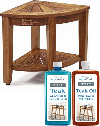AquaTeak The Original 15.5" Kai Corner Teak Shower Bench - Shower Stool with Storage Shelf for Bathroom - Durable Water Resistant Shower Chair with Teak Oil & Cleaner CareKit - Shaving Foot Rest - size: Original - Care Kit, style: Corner Stool With Shelf