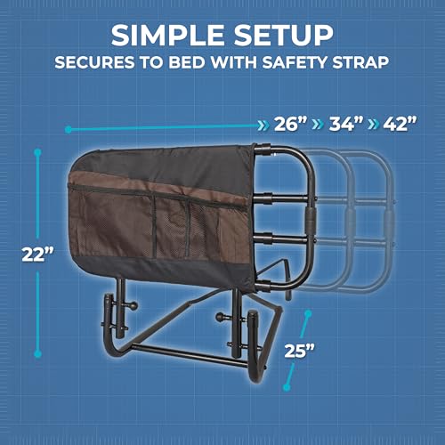 Stander EZ Adjust Bed Rail, Adjustable Senior Bedrail and Safety Assist Railing for Elderly Adults with Organizer Pouch, ASTM Safety Approved Guard-Rail, Black