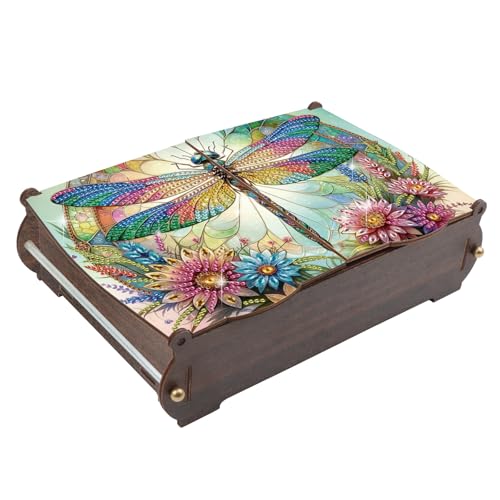 antor DIY Dragonfly Diamond Painting Wooden Storage Box, Large Special Shaped Rhinestone Diamond Art Desktop Organizer with Flip Lid, Handmade Decorative Storage Gift Case for Home or Office - color: Dragonfly