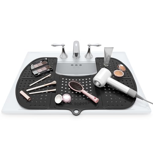 Sink Topper Bathroom Counter Cover & Storage Saver, Foldable Silicone Mat for Hot Tools, Hair Styling & Makeup, Beauty Brush Cleaning Mat, RV Camper Sink Cover & for Small Spaces (Large Black) - color: Black, size: Large