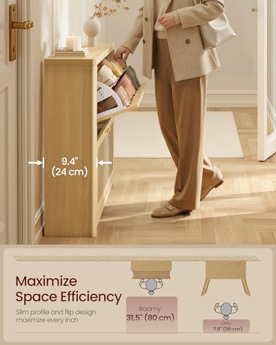 VASAGLE ELLAN Collection - Boho Shoe Storage Cabinet for Entryway Slim, Entry Shoe Cabinet with Rattan-Look Flip Drawers, Rounded Corners, Narrow for Entrance, Oak Beige UHSC601YC01 - color: Oak Beige, size: 9.4"D x 33.9"W x 32.9"H-3 Flip Drawers