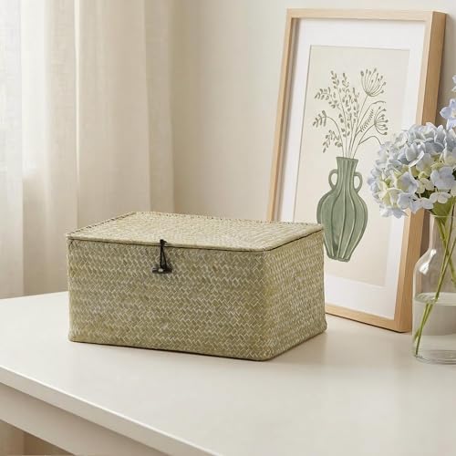 Nonam Storage Basket with Lid, Natural Seagrass Bin with Lid Set of 3, Shelf Baskets Multipurpose Container for Boho Decoration, Rectangular Household Storage Boxes for Home Organization-White - color: White* Set of 3
